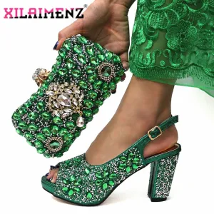 2020 Christmas Restriction Women Shoes Matching Bag in Green Color High Quality Italian Ladies Comfortable Heels