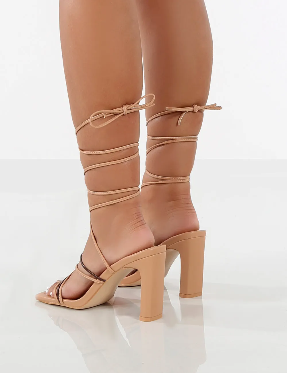 Amethyst Nude and Choc PU Lace Up Ankle Strap Thin Block Heels
