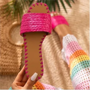Fuchsia Bright Pink Raffia Woven Summer Slip On Sandals