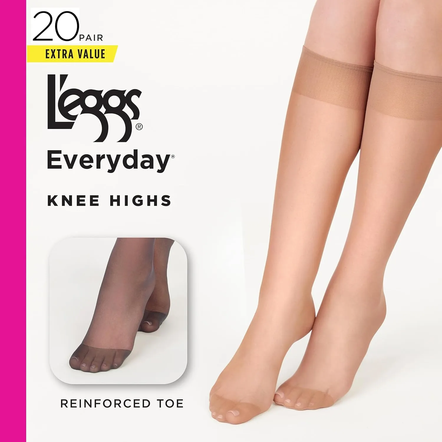 L'eggs Everyday Knee High Stockings, Reinforced Toe, 100% Nylon