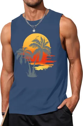 Mens Tank Tops Beach Summer Sleeveless Shirts Graphic Palm Tree Vacation Tanks Muscle Gym Tank Top