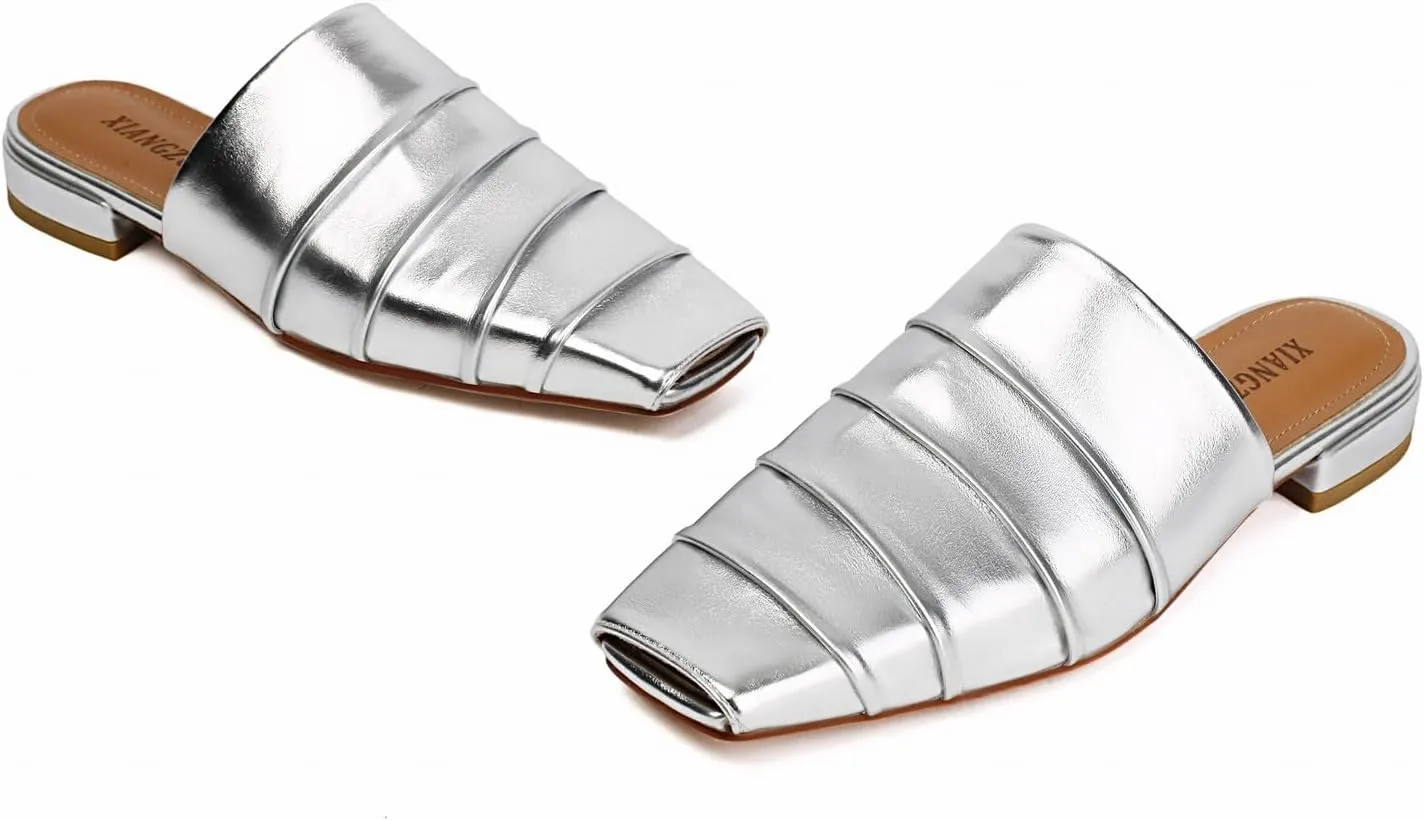 Mules for Women Square Peep Toe Comfortable Casual Backless Slip On Flat Dress Shoes