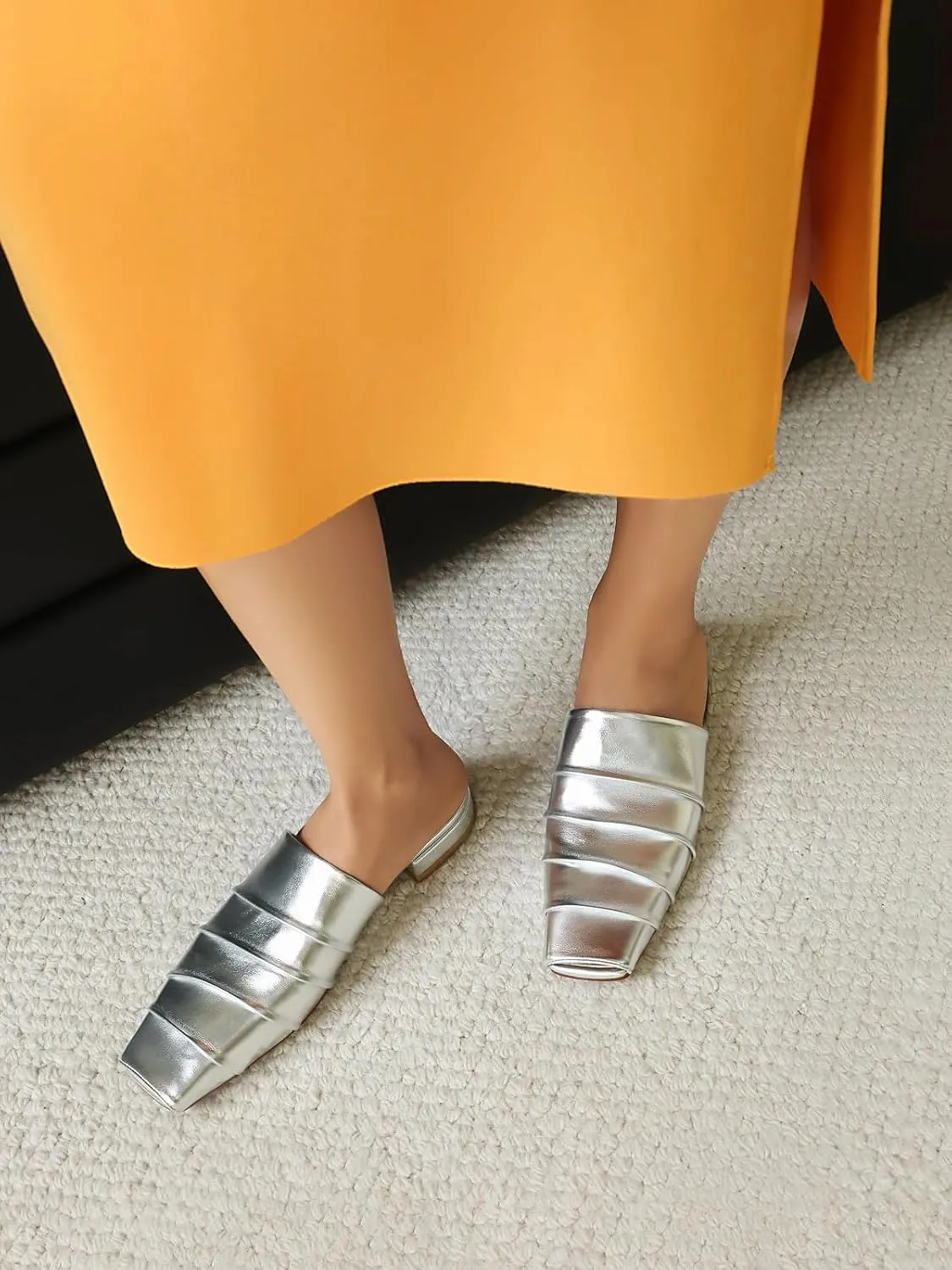 Mules for Women Square Peep Toe Comfortable Casual Backless Slip On Flat Dress Shoes