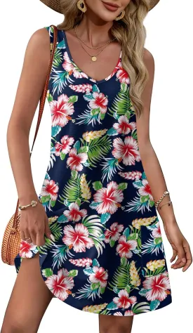 OFEEFAN Womens Summer Dresses 2025 V Neck Sleeveless Sundresses with Pockets Beach Vacation Clothes Floral/Plain