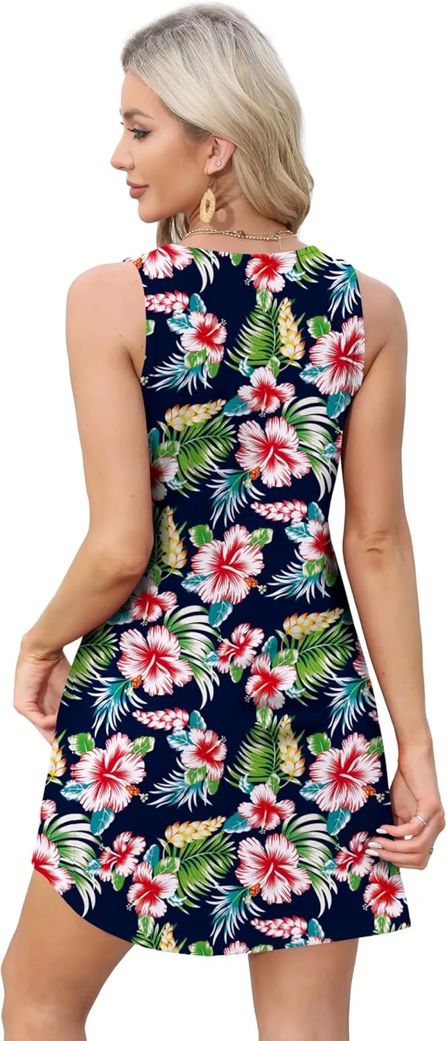 OFEEFAN Womens Summer Dresses 2025 V Neck Sleeveless Sundresses with Pockets Beach Vacation Clothes Floral/Plain