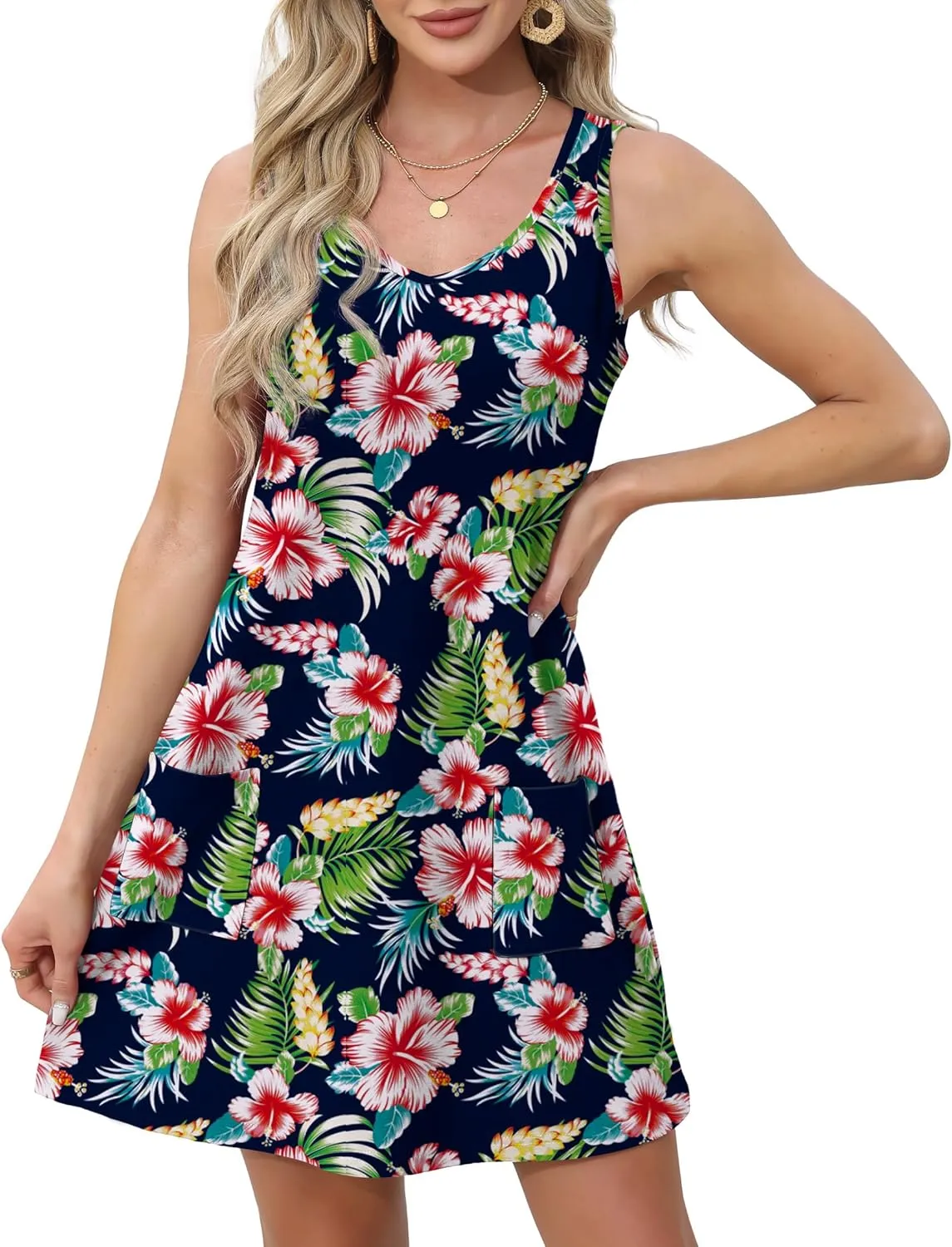 OFEEFAN Womens Summer Dresses 2025 V Neck Sleeveless Sundresses with Pockets Beach Vacation Clothes Floral/Plain